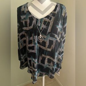 JM Collection Long Sleeve Blouse with Silver Necklace